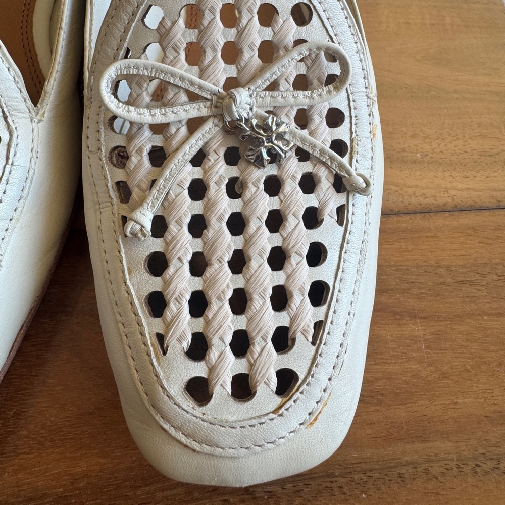 Tory Burch Cream Perforated Leather Loafers with Bow - Picture 2 of 7